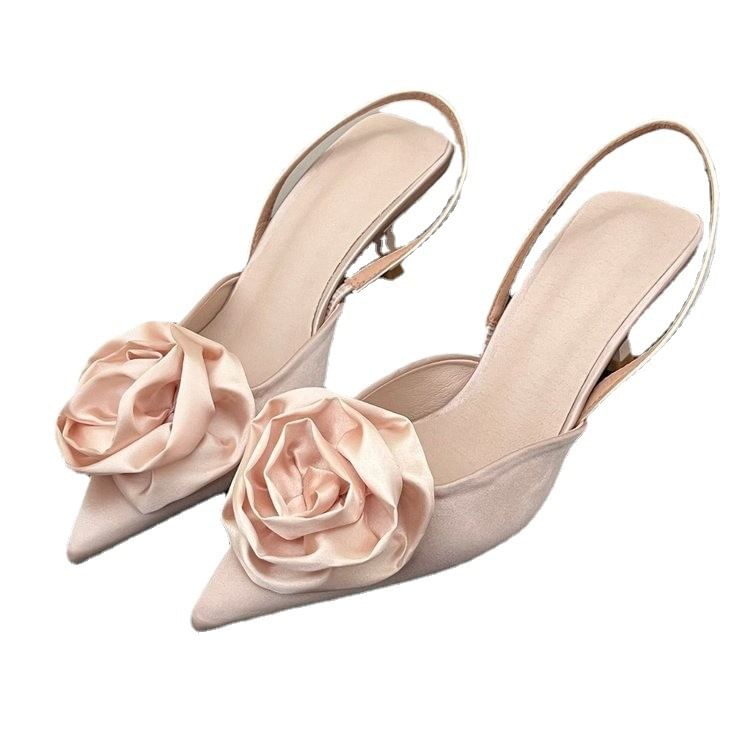High Pointy Sandals Heel Floral Slingback