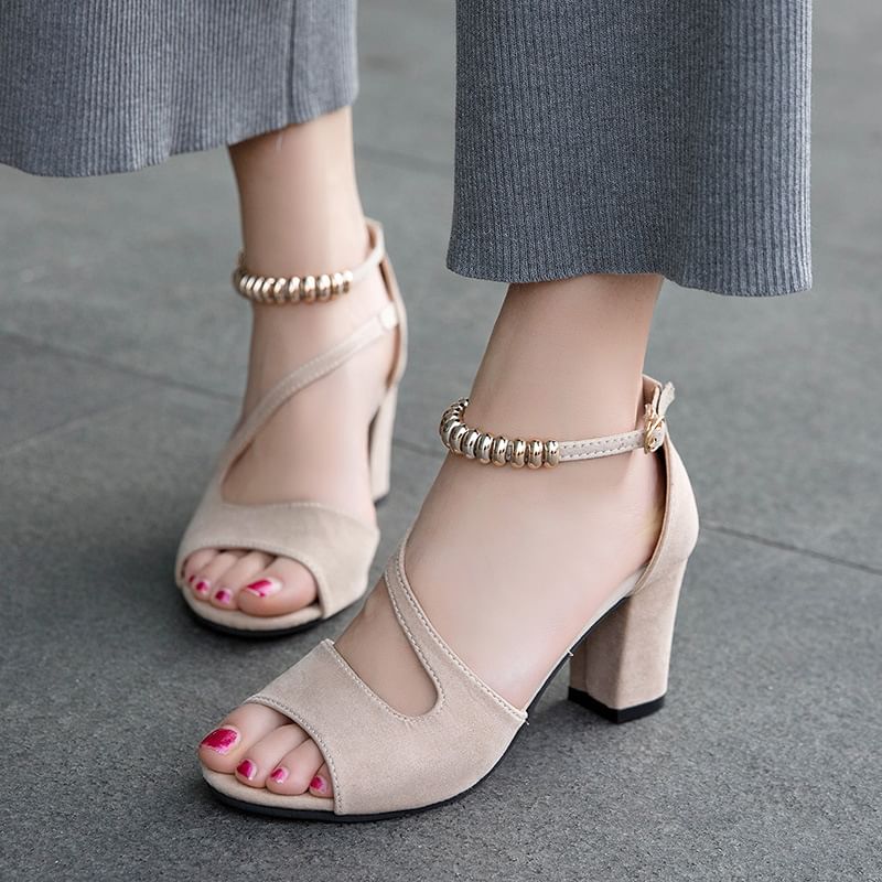 Strap Heel Bead Chunky Metal Sandals Ankle