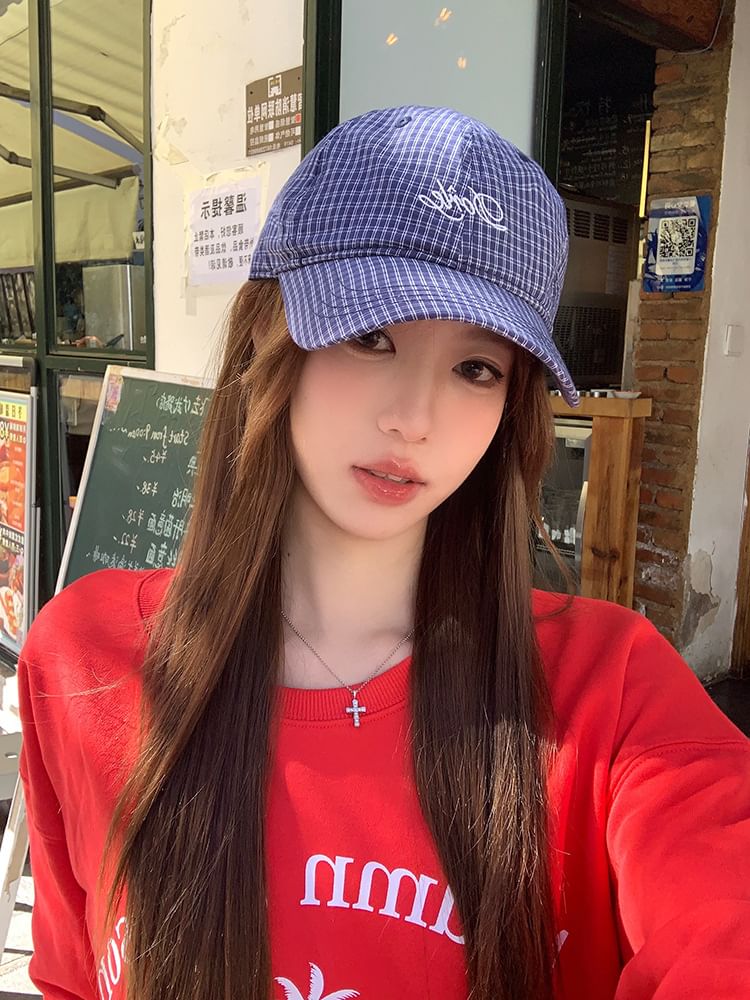 Lettering Embroidered Baseball Plaid Cap