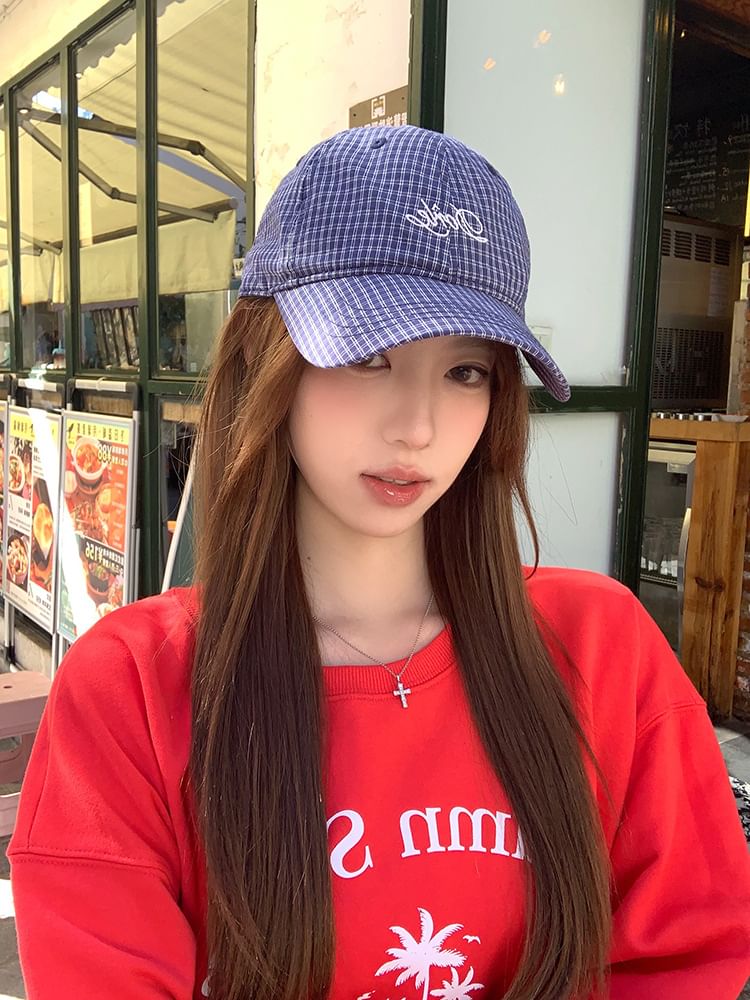 Lettering Embroidered Baseball Plaid Cap