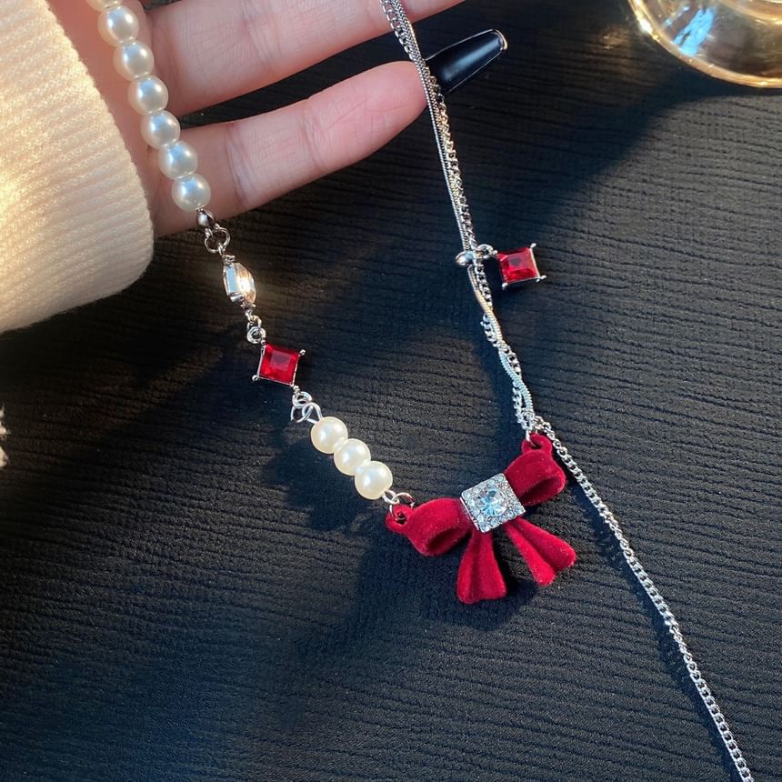 Necklace Pearl Lariat Rhinestone Bow Faux