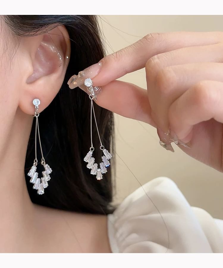 Earring Clip Drop On Geometric Rhinestone /