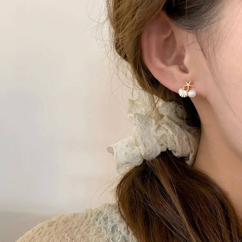 Stud Asymmetrical Earring Pearl Faux / On Clip Shell Rhinestone