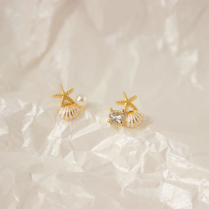 Stud Asymmetrical Earring Pearl Faux / On Clip Shell Rhinestone