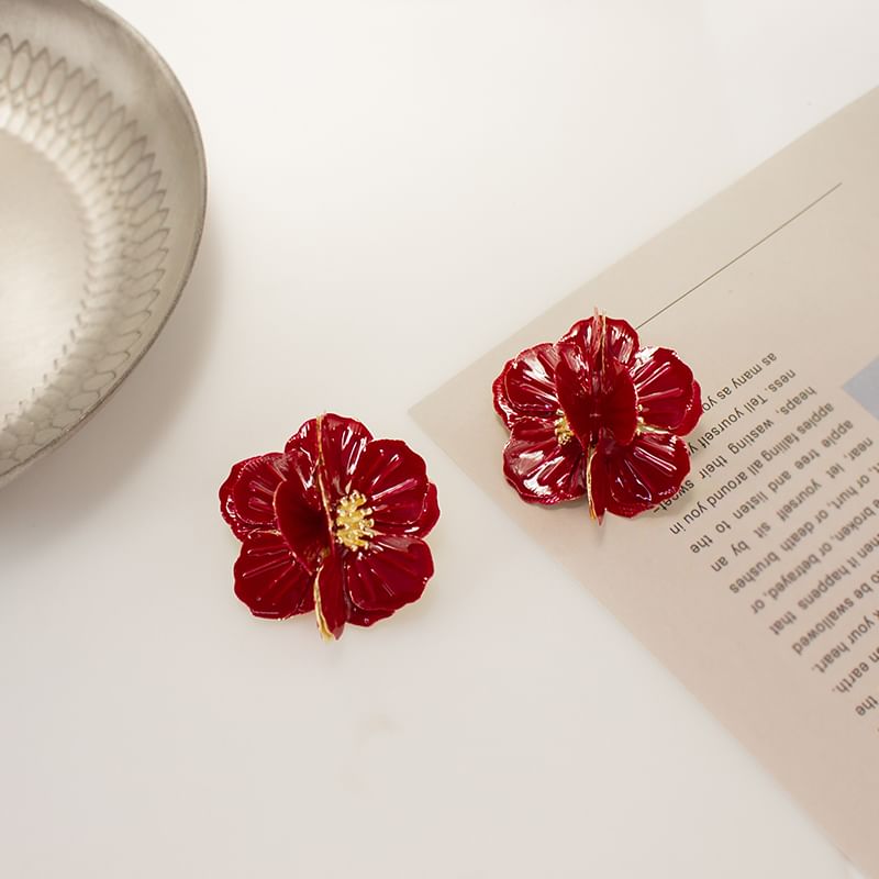 Earring Clip Enamel On Flower / Stud