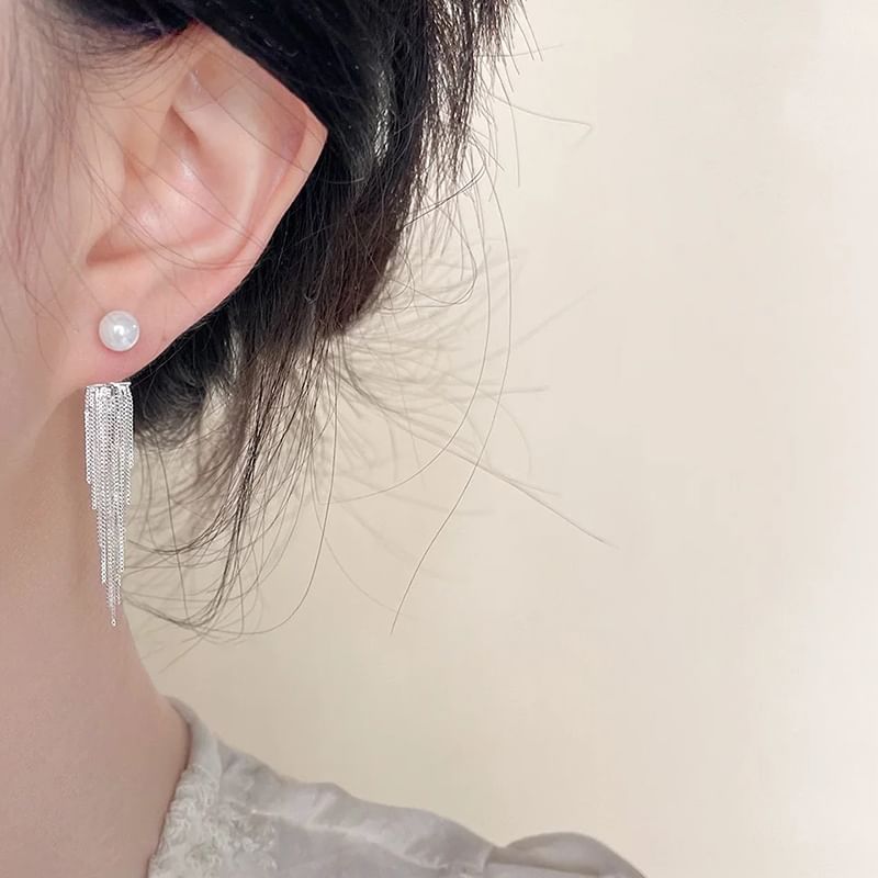 Faux Pearl Fringe Clip Earring On Drop /