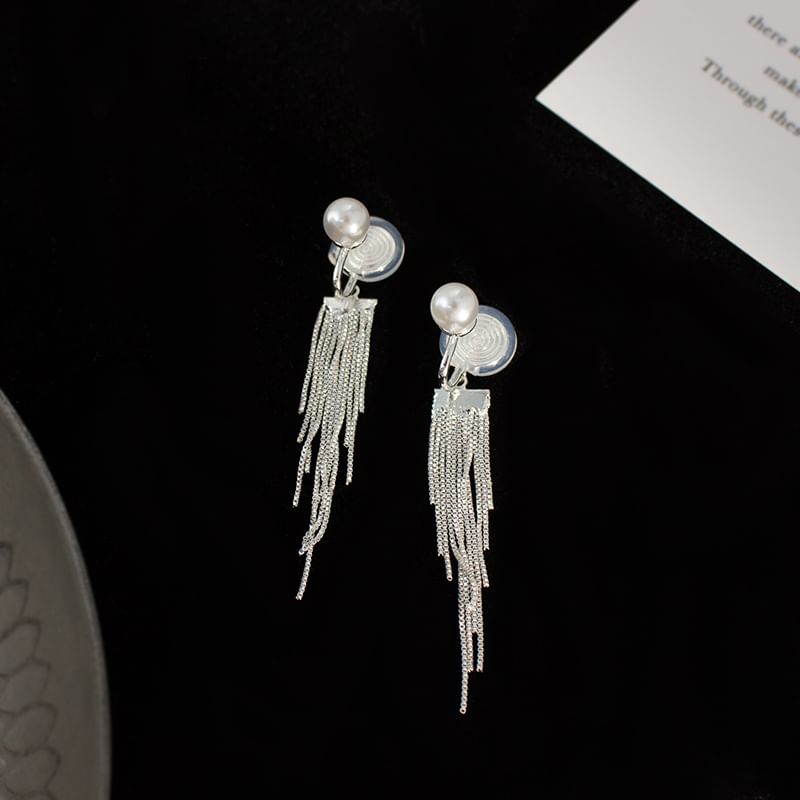 Faux Pearl Fringe Clip Earring On Drop /