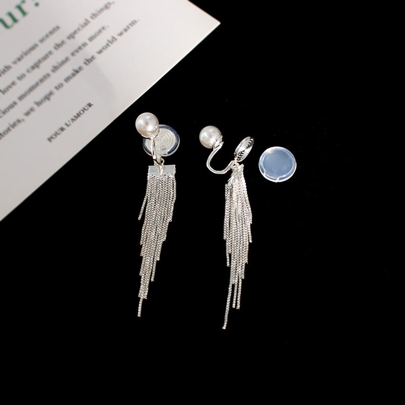 Faux Pearl Fringe Clip Earring On Drop /