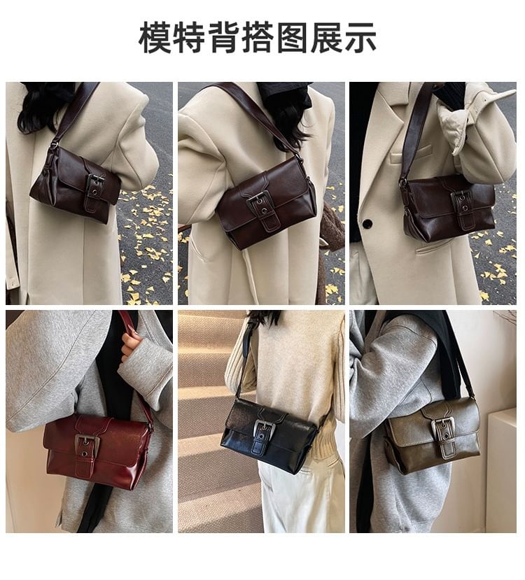 Faux Buckled Leather Plain Flap Bag Crossbody
