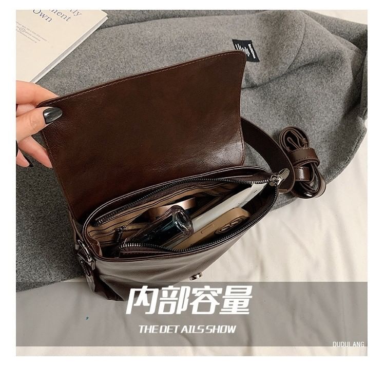 Faux Buckled Leather Plain Flap Bag Crossbody