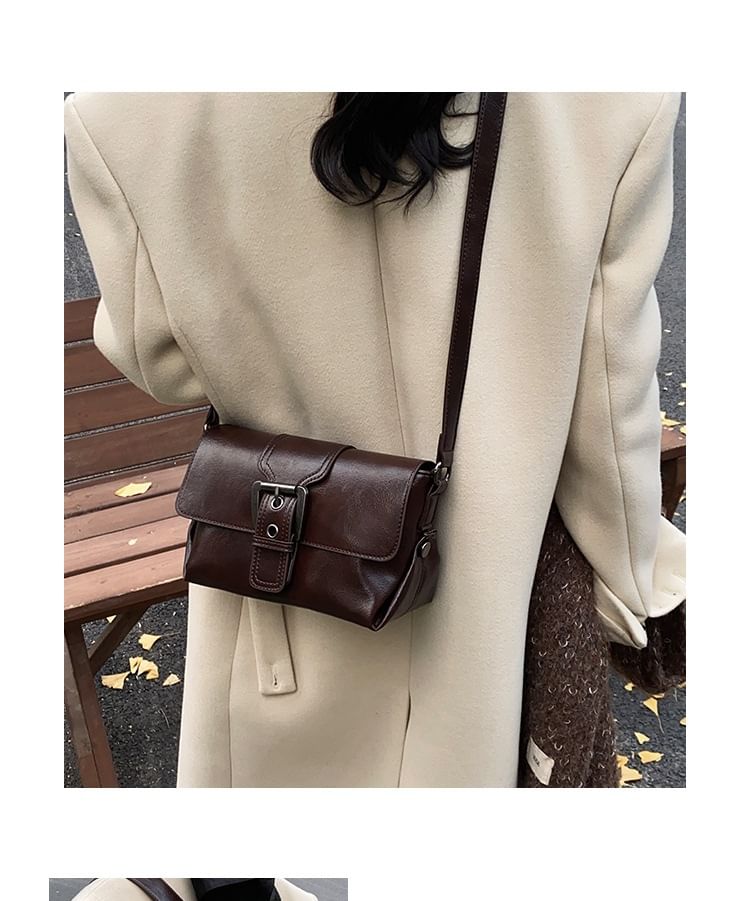 Faux Buckled Leather Plain Flap Bag Crossbody
