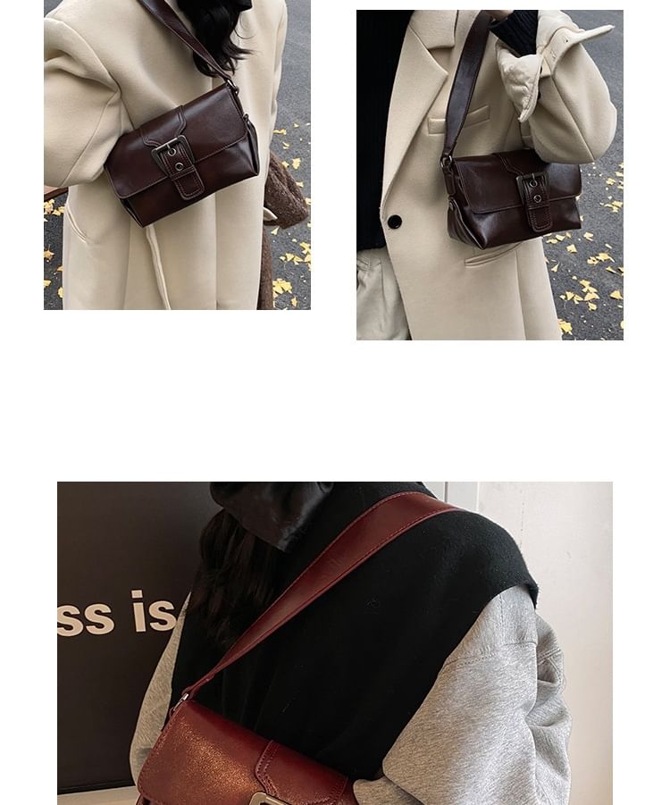Faux Buckled Leather Plain Flap Bag Crossbody