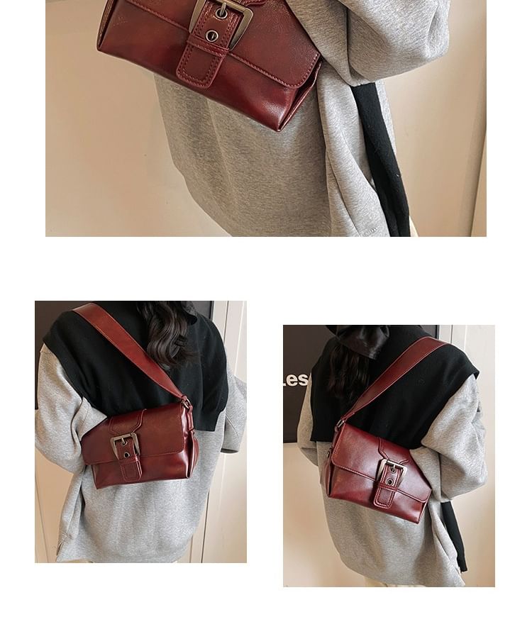 Faux Buckled Leather Plain Flap Bag Crossbody