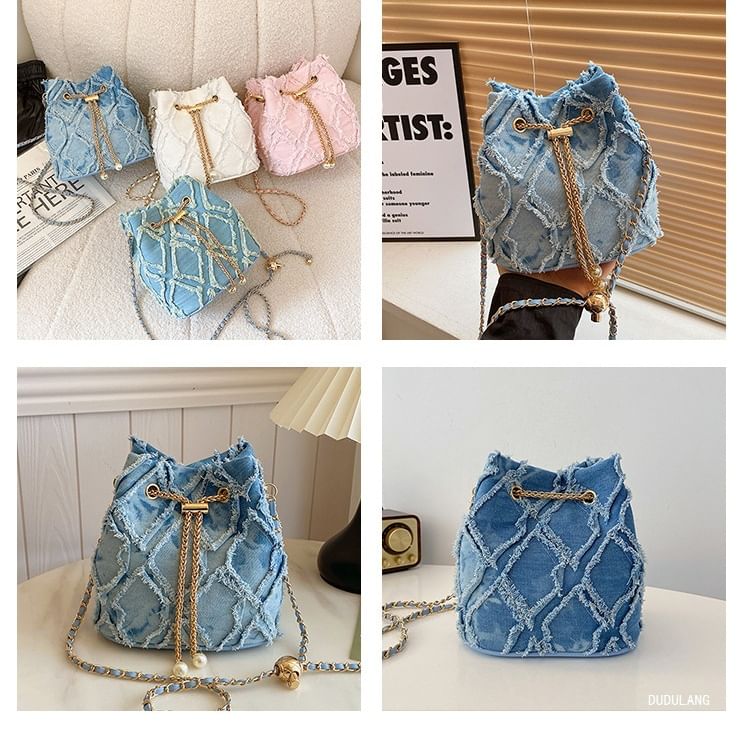 Strap Bucket Bag Chain Drawstring Frayed