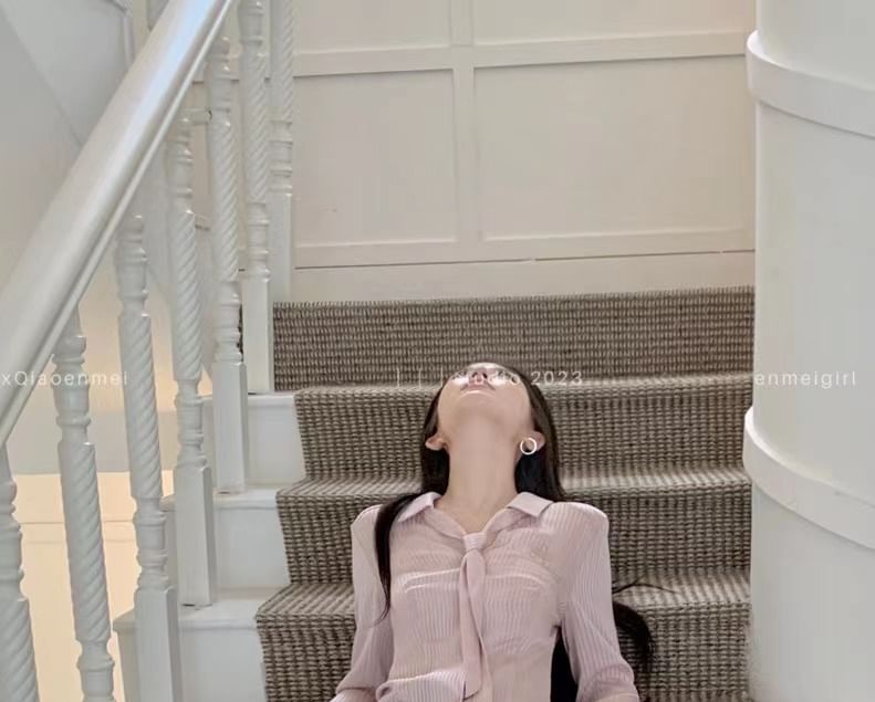 Belt Pleated V-Neck Long Shirt Collared Skort A-Line Waist / Plain Striped Set Sleeve High Mini