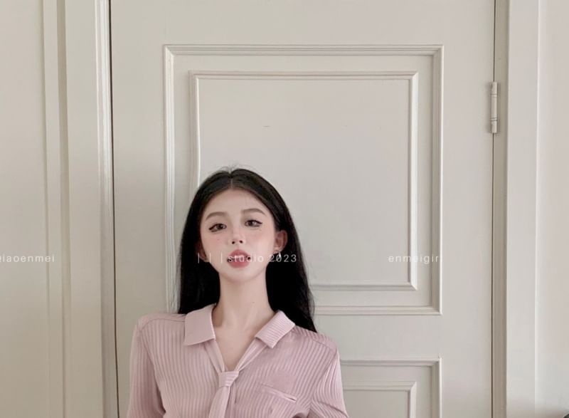 Belt Pleated V-Neck Long Shirt Collared Skort A-Line Waist / Plain Striped Set Sleeve High Mini