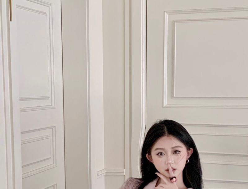 Belt Pleated V-Neck Long Shirt Collared Skort A-Line Waist / Plain Striped Set Sleeve High Mini