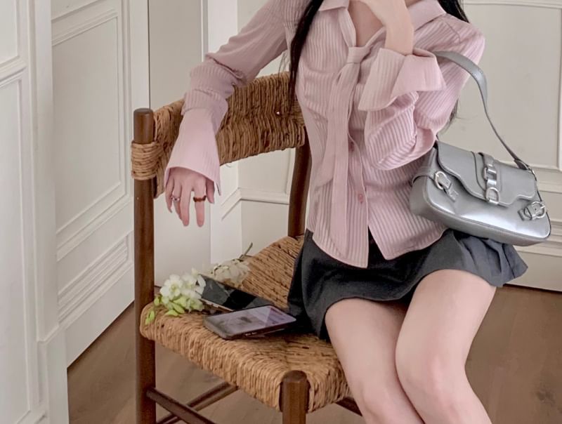 Belt Pleated V-Neck Long Shirt Collared Skort A-Line Waist / Plain Striped Set Sleeve High Mini