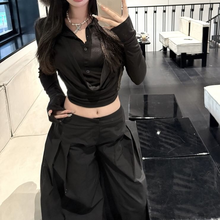 Tee Inverted Leg Low Cropped Pants Wide Plain Collar Rise Long-Sleeve / Pleated