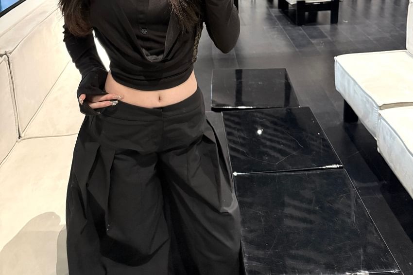 Tee Inverted Leg Low Cropped Pants Wide Plain Collar Rise Long-Sleeve / Pleated