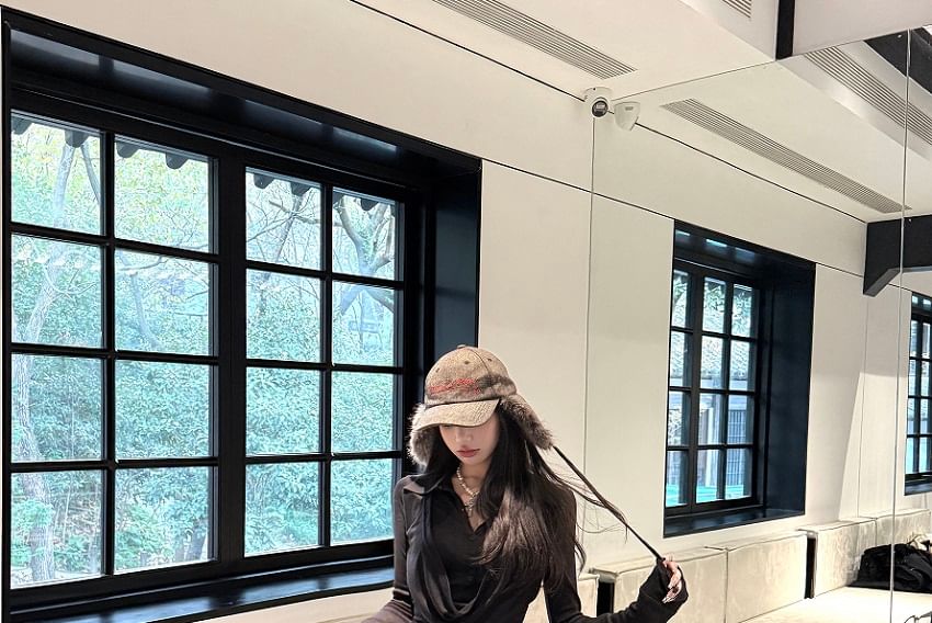 Tee Inverted Leg Low Cropped Pants Wide Plain Collar Rise Long-Sleeve / Pleated