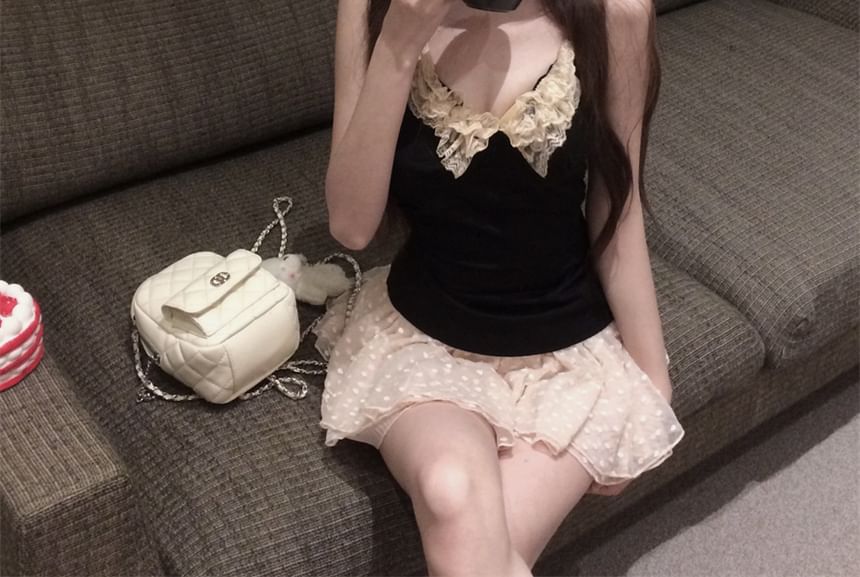 Lace Neck Asymmetrical A-Line Rise Mid Mini Dotted Trim Skirt Scoop Halter / Plain Top