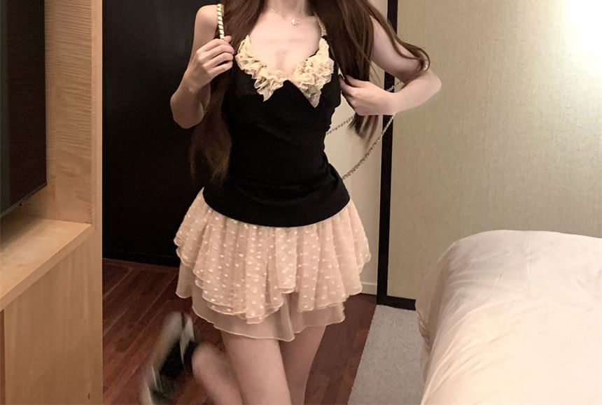 Lace Neck Asymmetrical A-Line Rise Mid Mini Dotted Trim Skirt Scoop Halter / Plain Top