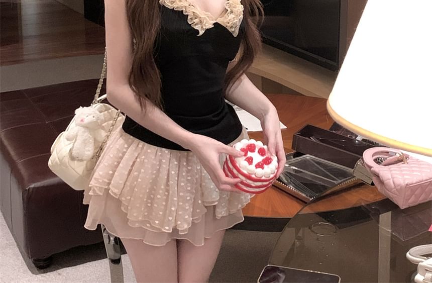 Lace Neck Asymmetrical A-Line Rise Mid Mini Dotted Trim Skirt Scoop Halter / Plain Top