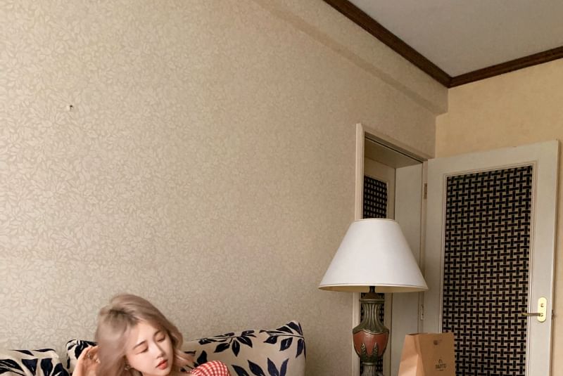 Button-Up Crop Long-Sleeve Mesh Top Gingham