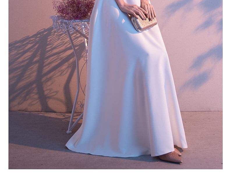 Short-Sleeve Stand Collar Lace A-Line Evening Gown