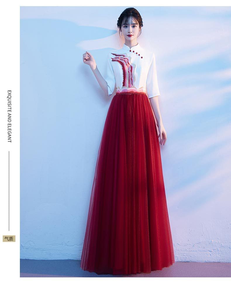 Short-Sleeve Stand Collar Two Tone A-Line Evening Gown