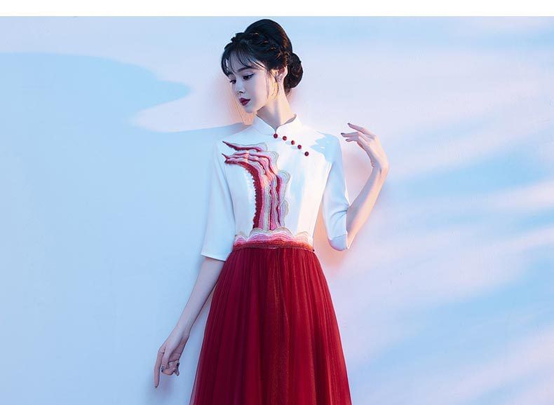 Short-Sleeve Stand Collar Two Tone A-Line Evening Gown