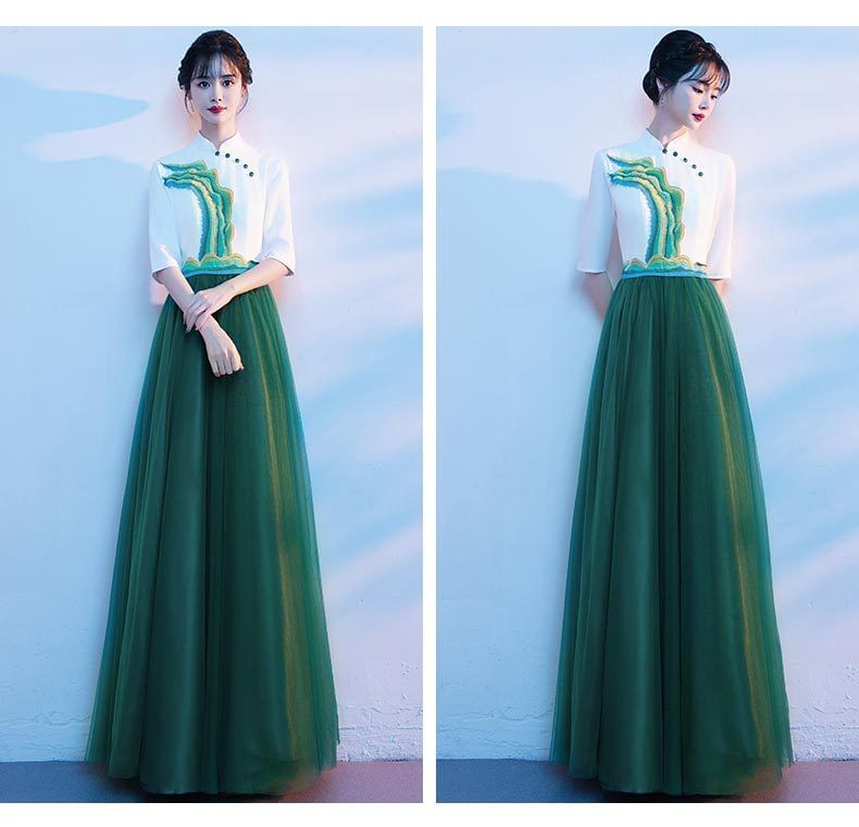 Short-Sleeve Stand Collar Two Tone A-Line Evening Gown