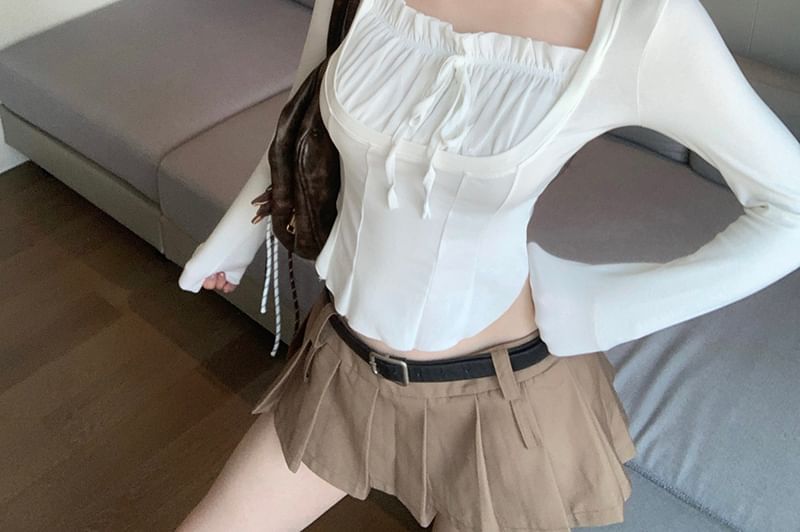 Square-Neck Plain Shirred Top Crop Long-Sleeve