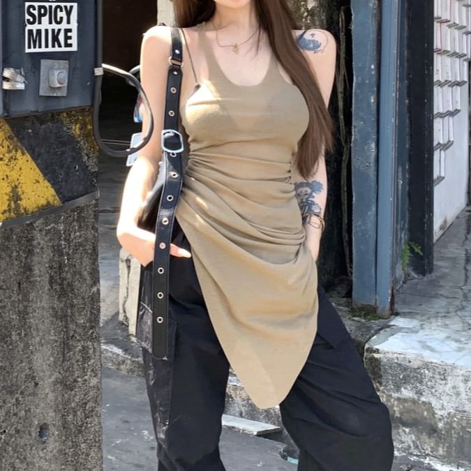 U-Neck Plain Top Asymmetrical Sleeveless