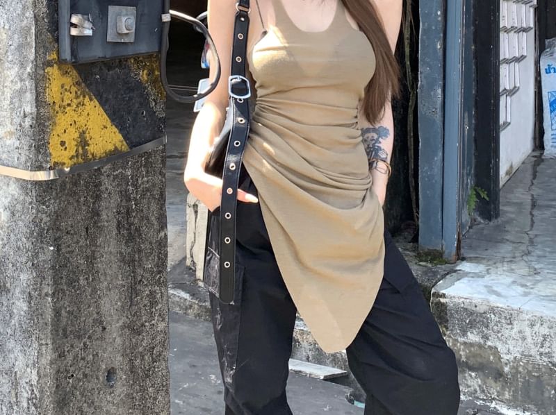 U-Neck Plain Top Asymmetrical Sleeveless