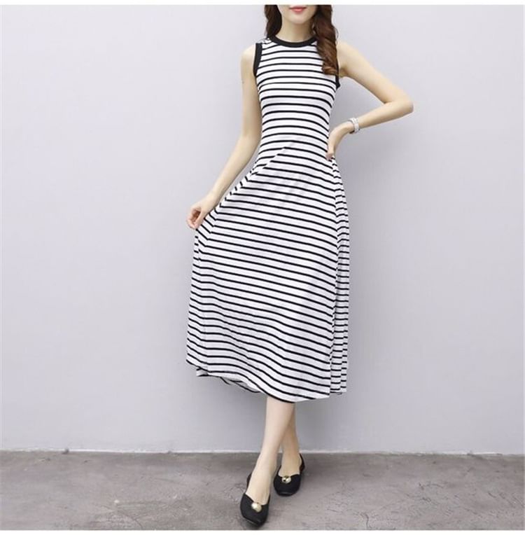 Crew Dress A-Line Striped Neck Midi Tank