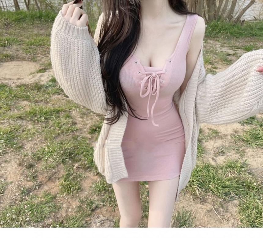 Bodycon Sleeveless Plain Mini Lace-Up Dress