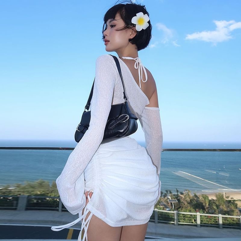 Tee One-Shoulder Long-Sleeve Drawstring Plain Sheer