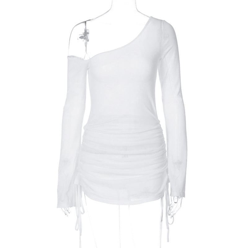 Tee One-Shoulder Long-Sleeve Drawstring Plain Sheer