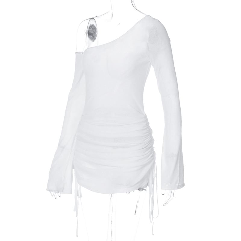 Tee One-Shoulder Long-Sleeve Drawstring Plain Sheer