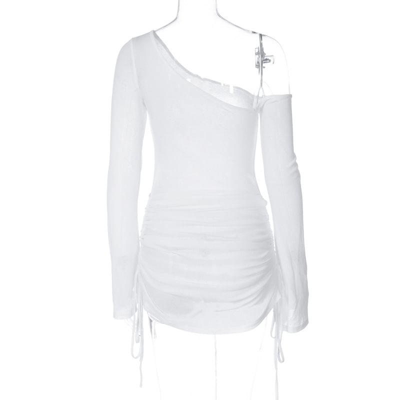 Tee One-Shoulder Long-Sleeve Drawstring Plain Sheer
