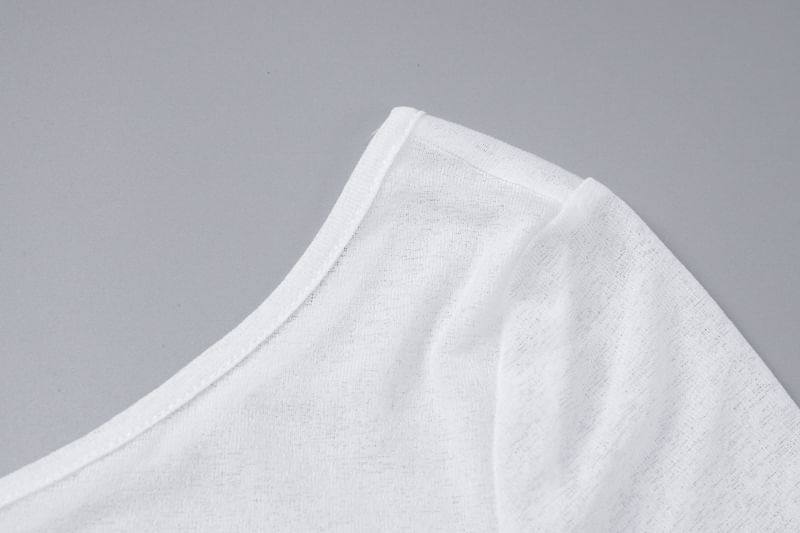 Tee One-Shoulder Long-Sleeve Drawstring Plain Sheer