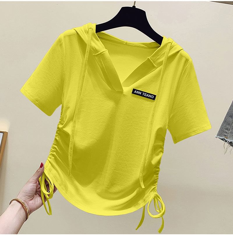 Drawstring Short-Sleeve V-Neck Lettering Tee