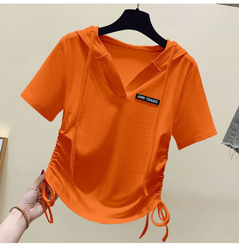 Drawstring Short-Sleeve V-Neck Lettering Tee