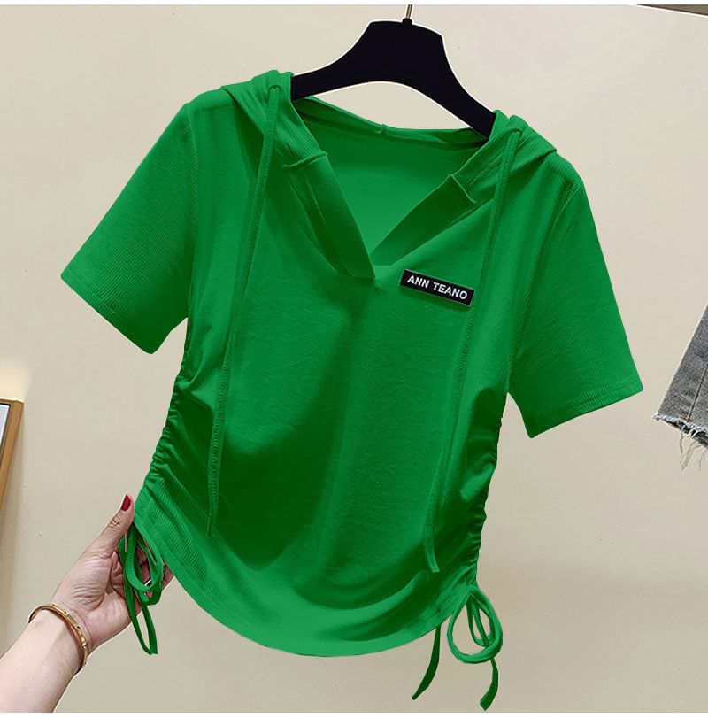 Drawstring Short-Sleeve V-Neck Lettering Tee