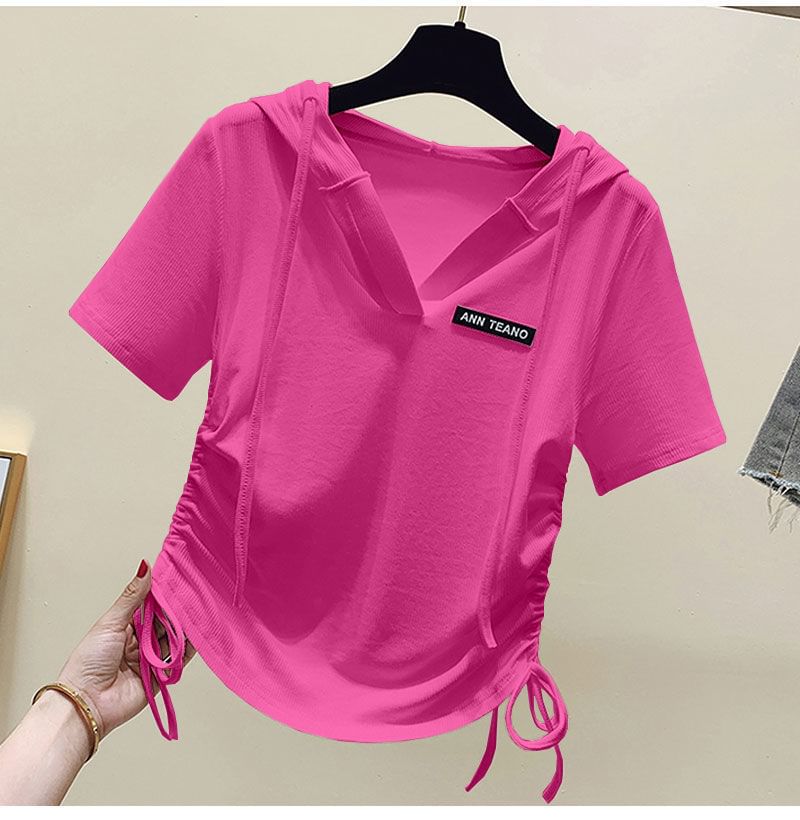 Drawstring Short-Sleeve V-Neck Lettering Tee