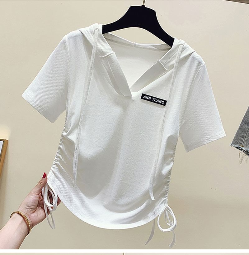 Drawstring Short-Sleeve V-Neck Lettering Tee