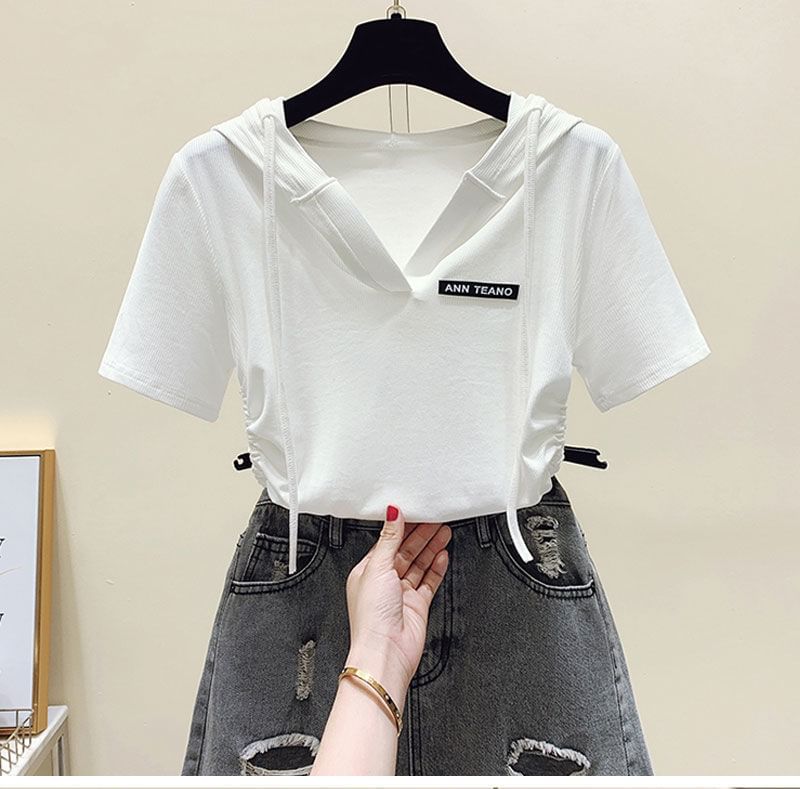 Drawstring Short-Sleeve V-Neck Lettering Tee