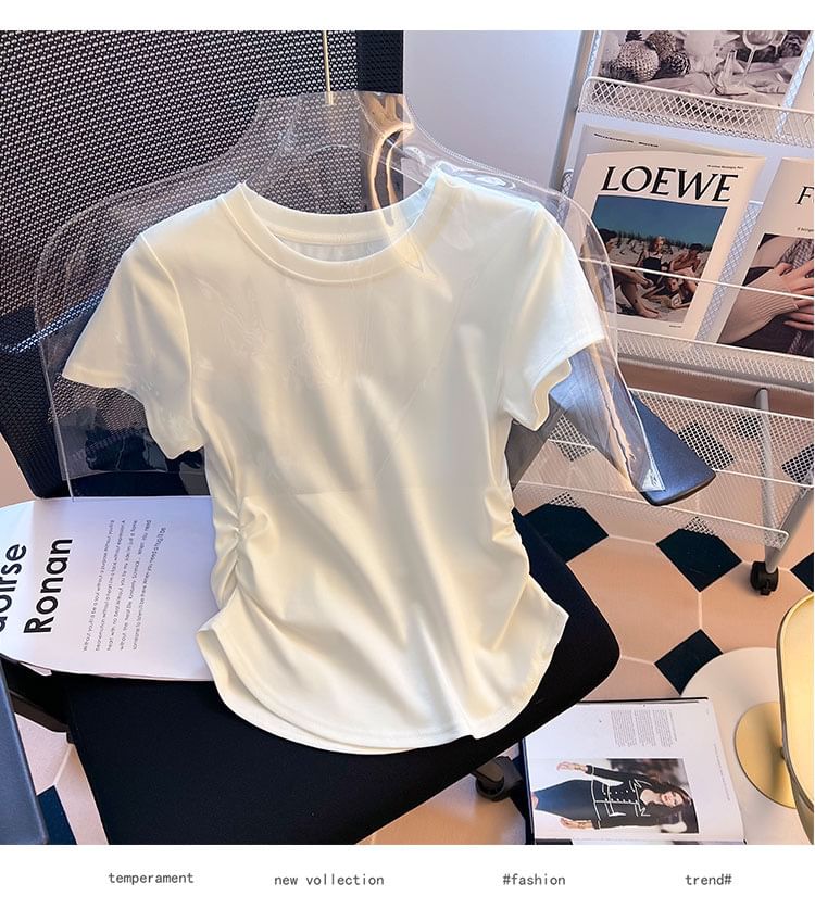 Neck Short-Sleeve Plain Round Ruched Tee